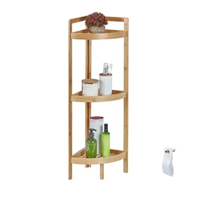 Imagen de Relaxdays bambú con 3 estantes Estantería Esquinera Niveles, Mueble Almacenaje, Baldas Semicirculares, Baño y Cocina, 90x36,5x26cm, Natural, 90 x 36,5 26 cm
