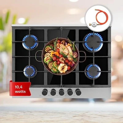 Imagen de Klarstein Encimera Cocina de Gas Portatil 5 Quemadores, Placa 10.4KW para Cocina, Cocinas con Quemador Wok Acero Inoxidable, Fuegos Quemadores Camping