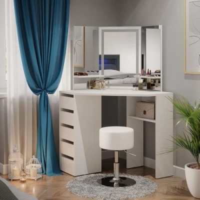 Imagen de Vicco Tocador de Esquina Arielle, Blanco, 111 cm con Espejo LED y Taburete