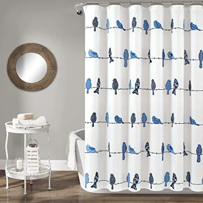 Imagen de Lush Decor, Cortina de Ducha Azul Marino Rowley, diseño Floral pájaros para baño, 72 x Pulgadas