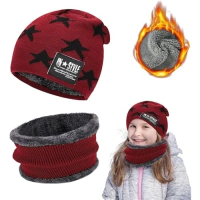 Imagen de Huifengjie Conjunto de Gorro y Bufanda para Niños, Gorra con Punto Forro Lana Niños Niñas, Invierno Térmico Rojo