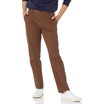 Imagen de Amazon Essentials Pantalón Chino sin Pinzas Antiarrugas de Ajuste Entallado Hombre, Marrón, 40W / 32L