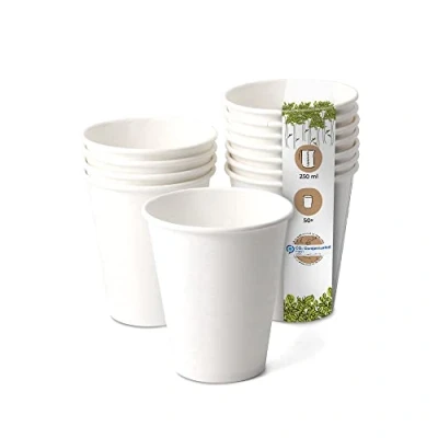 Imagen de GREENBOX vasos de papel orgánico, desechables, papel, compostables y biodegradables, tazas café blancas, sin imprimir, ecológicas, 50 unidades 250 ml