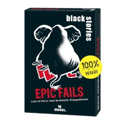 Imagen de moses Black Stories Epic Fails 50 Casos Reales en Torno a desventuras absurdas, Cartas de Crimen el Nuevo diseño con Dos Variantes, Juego Puzzles para jóvenes y Adultos, Color Blanco (90053)