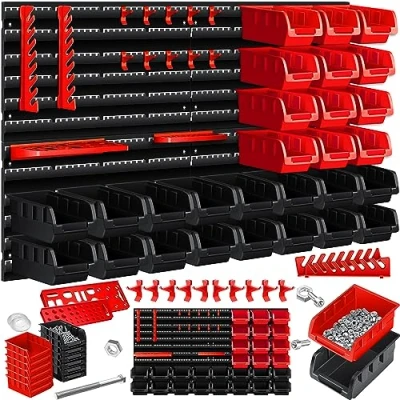 Imagen de MASKO® Estantería de Pared + Cajas Apilables Portaherramientas, Ampliable, Taller, Almacenamiento, Almacenamiento Visibles, 45 partes Negro/Rojo