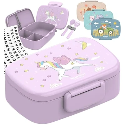 Imagen de BEARFOOT Fiambrera Infantil con Compartimentos, Sin BPA, Bento Box, Niñas y Niños, Snack 100% Antigoteo, para Guardería, Colegio (Unicornio)