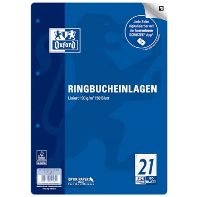 Imagen de Oxford 400131464 Recambio para archivador de anillas (A4, 50 hojas, 21 líneas, a rayas, sin márgenes, 90 g/m², compatible con SCRIBZEE)