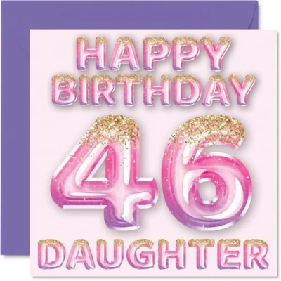 Imagen de Tarjeta de cumpleaños número 46 para hija, globos purpurina rosa y morada, tarjetas feliz hija años parte mamá, papá, padres, felicitación