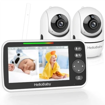 Imagen de HelloBaby Monitor de Bebé con 2 Cámaras y Visión Nocturna, Pantalla Dividida 5 Pulgadas Batería 26 Horas, Video Panorámicas Inclinación, sin WiFi, Eco, Audio