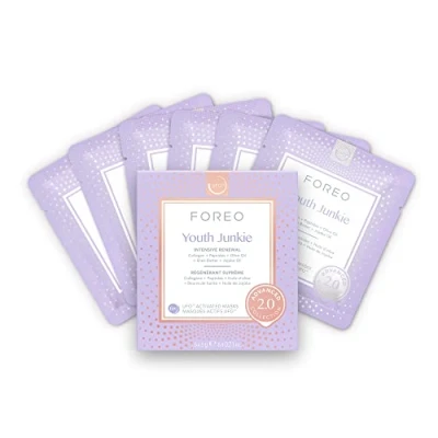 Imagen de FOREO Máscara facial Youth Junkie Advanced Collection 2.0 UFO Activated, Hidratante facial, Antiedad, Belleza Colágeno y aceite de oliva, Todo tipo piel, Piel seca arrugas, 6 unidades