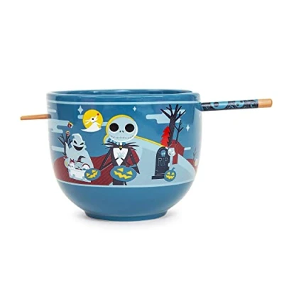 Imagen de Disney The Nightmare Before Christmas Jack Skellington and Friends Juego de vajilla cerámica japonesa Incluye cuenco fideos ramen 20 onzas y palillos madera