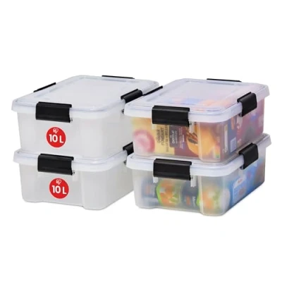 Imagen de Iris Ohyama 4 Cajas herméticas de plástico con tapa y cierres a presión, 10L, Transparente, sello impermeable, apilables, antipolvo, para ropas, camping, exteriores, cubo almacenaje, box, AT S