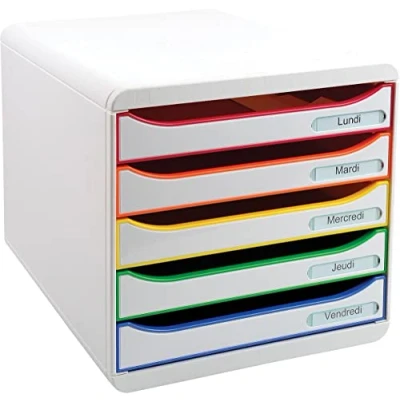 Imagen de Exacompta 309913D Módulo individual con 5 cajones para documentos A4+, ultra rígido, abiertos, stop de seguridad 347x278x271 mm BIG BOX PLUS Blanco/multicolor/blanco
