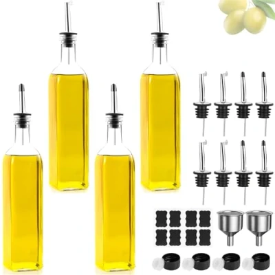 Imagen de botella de aceite, 4 botellas 500 ml vinagre y aceitera, aceite oliva con embudo, tapa protegida contra el deslustre, etiqueta, cristal para cocina barbacoa