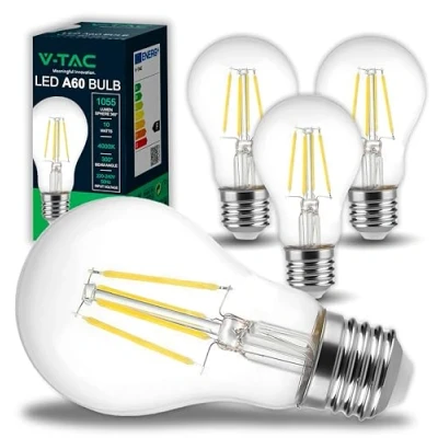 Imagen de V TAC 4x Bombillas LED Filamento A60 E27 10W (Equivalente a 75W) 1055 Lumen Bombilla Máxima Eficiencia y Ahorro Energético Blanco Neutro 4000K