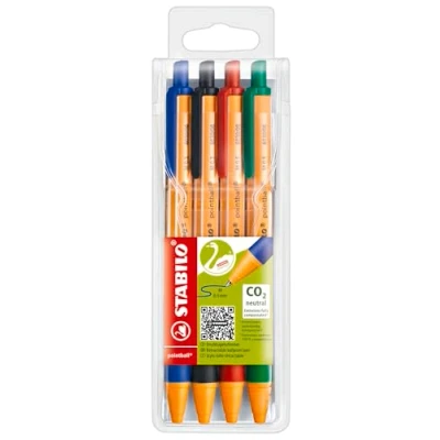 Imagen de Bolígrafo retráctil ecológico recargable STABILO pointball Estuche con 4 colores
