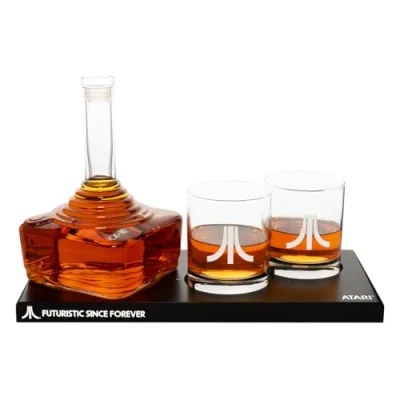 Imagen de Juego de decantador oficial Atari Joystick con 2 vasos whisky Action Button y bandeja CX78+, para whisky, escocés ginebra, 750 ml, 300 regalo cumpleaños