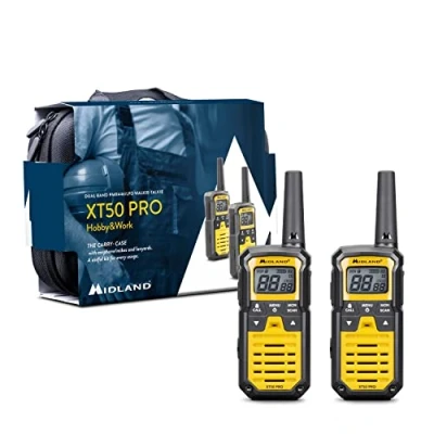 Imagen de Midland XT50 PRO Doble Hobby &amp; Work, Versión Full Optional, Walkie Talkie de Carga Rápida, 85 Canales PMR446 y Canal RRM, Resistente al Agua IPX2, USB, Maletín Transporte, 8Km, Amarillo, 2 Unidades