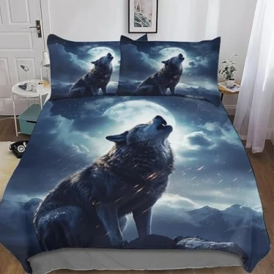 Imagen de Juego de Cama Lobo Funda Nordica 135 Luna Edredón Y 2 Fundas Almohada, Microfibra Suaves Ropa 3 Piezas Doble 220x220cm