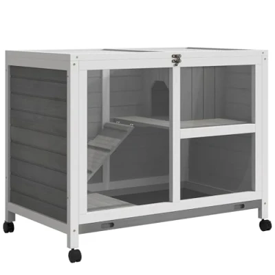 Imagen de PawHut Conejera de Madera con Ruedas 91,5x53,3x73 cm Jaula para Conejos 2 Niveles Techo Abatible Bandeja Extraíble y Rampa Marrón