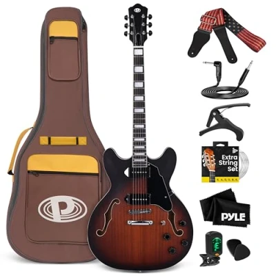 Imagen de Pyle Kit de guitarra electrica cuerpo semihueco, Tamaño completo, 41.8, instrumentos jazz con funda, Acabado mate y Sunburst