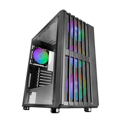 Imagen de MARSGAMING MC Vault, Caja Gaming ATX, 4X Ventiladores ARGB 120mm, Panel Frontal Mesh con Diseño Vertical, Ventana Lateral Cristal Templado, 3X Slots PCI Verticales, Semitorre PC Profesional, Negro
