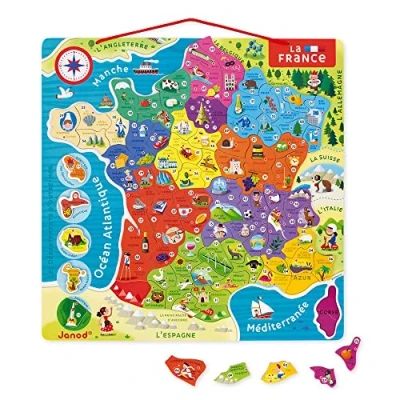 Imagen de Janod Mapa Magnético de Francia 93 Piezas Magnéticas Puzzle Infantil y Juego Educativo Descubrimiento Memorización Francés A Partir 7 Años, J05480