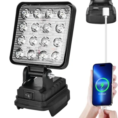 Imagen de Luz de trabajo LED con batería para Makita 18V, 27W Foco construcción Lámpara carga USB, Proyector sitio reparaciones automóviles, emergencias