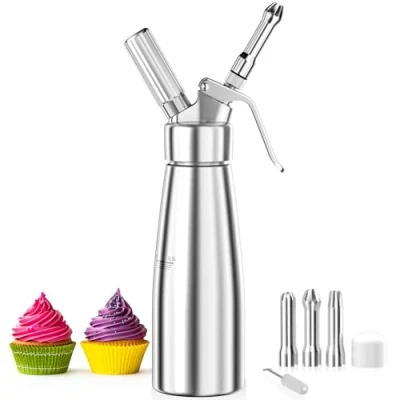Imagen de Fousenuk 500 ml Sifón de Cocina Espumas, Dispensador Crema Aluminio con 3 Boquillas Acero Inoxidable y 1 Cepillo, Sifon Nata para Decorar Pasteles Cumpleaños, Pastelería, Helados Postres