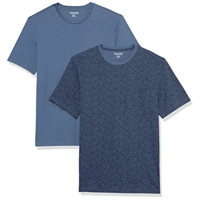 Imagen de Amazon Essentials Camiseta de manga corta con bolsillo, cuello redondo y corte ajustado Hombre, Pack 2, Azul Efecto Lavado/Estampado Floral, XS