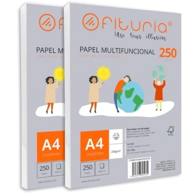 Imagen de Paquete de folios A4 250gr con 500 Hojas Blancas, Papel Multifuncional para Uso Escolar y Entornos Laborales. Ideal impresoras láser, inyección o fotocopiadoras Ofituria
