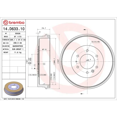 Imagen de BREMBO 14.D633.10 Tambor de Freno 295