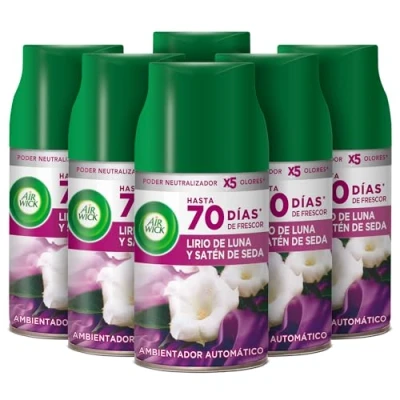 Imagen de Air Wick Freshmatic Recambios de ambientador spray automático, esencia para casa con aroma a Lirio Luna y Satén Seda pack 6, 1500 mililitro