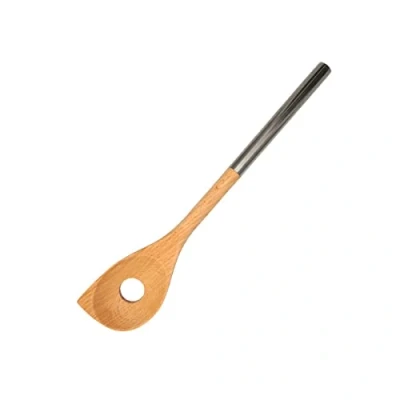 Imagen de Fackelmann 30374 cuchara para Risotto de madera haya y mango acero inoxidable, perforada biselada, cocina o servir, madera, 34 x 6,5 cm
