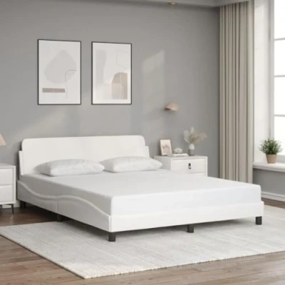 Imagen de vidaXL Estructura de Cama con Cabecero, Somier Base Listones, Armazón Cama, Mueble para Dormitorio, Cuero Sintético Blanco 160x200 cm