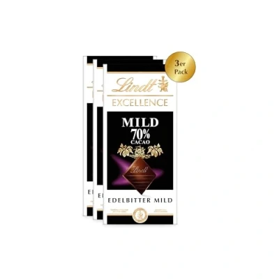 Imagen de Lindt Chocolate EXCELLENCE Mild 70% cacao amargo suave y elegante, paquete de 3 unidades, x 100 g extra Sabor intenso oscuro, vegano