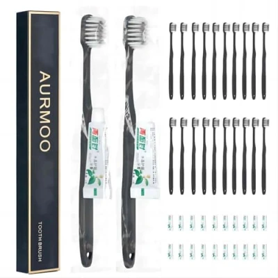 Imagen de AURMOO Cepillos de Dientes, 30 Cepillo Dientes Desechable, Desechable con Juego Pasta, Mango Plano(Negro).