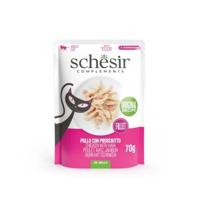 Imagen de Schesir, Filetes de Pollo y Jamón en Gelatina, Bolsas, Comida Húmeda Complementaria para Gatos, Receta Original, 100% Natural, 12 x 70g