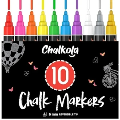 Imagen de Chalkola Rotuladores de tiza liquida Paquete 10 Marcadores para uso en las pizarras, los encerados, tableros a base agua, lavables con paño húmedo Punta redonda 6 mm