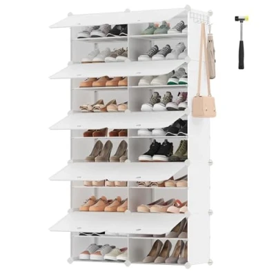 Imagen de SONGMICS Mueble Zapatero Plástico, 10 Compartimentos para 40 Pares de Zapatos, con Puertas, Estructura Acero y Estantes Armario Dormitorio, Blanco Nube LPC035W02