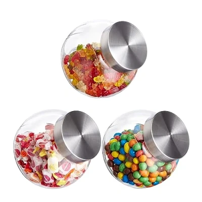 Imagen de Relaxdays Vasos Botes Cristal, Set 3, 1,5L, Recipiente Caramelos, Alimentos, Mesa Chuches, Tapa Acero Inoxidable, Transparente, 15.5 x 11 17 cm