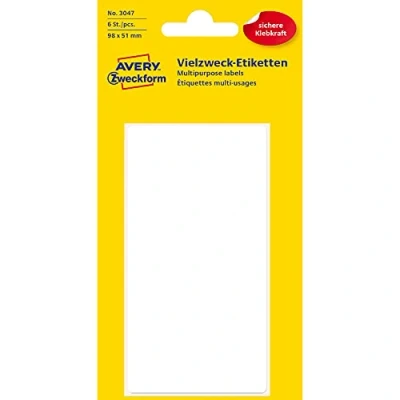 Imagen de Avery Zweckform 3047 etiquetas para el hogar autoadhesivas (98 x 51 mm, 6 pegatinas en hojas, multiusos hogar, la escuela y oficina etiquetar numerar) blanco, blanco