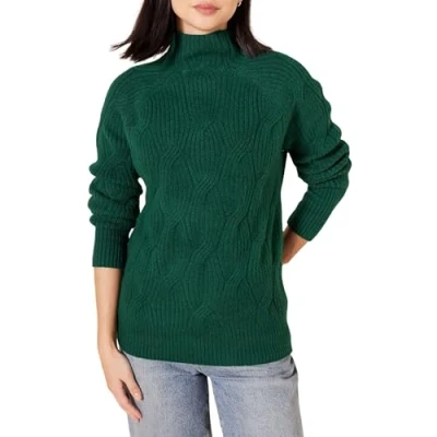 Imagen de Amazon Essentials Jersey Trenzado de Cuello Chimenea y Suave al Tacto Mujer, Verde Oscuro, S