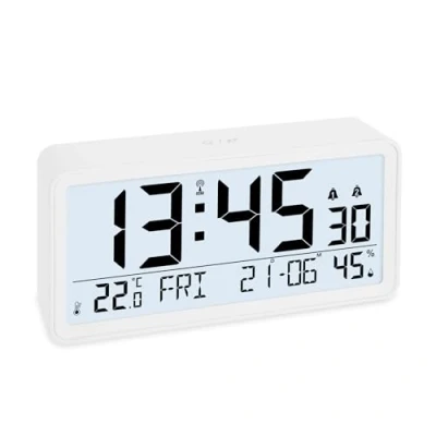 Imagen de ADE Reloj Despertador Digital radiocontrolado con dígitos XXL de sobremesa Calendario indicación Temperatura y Humedad 2 Horas Alarma repetición Blanco