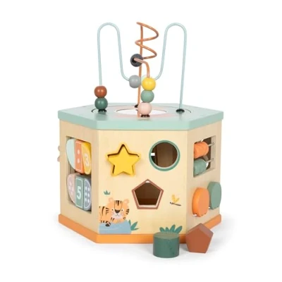 Imagen de small foot Cubo de motricidad Safari, Madera, con 7 Caras, Juguete Educativo, niños a Partir 1 año, 12641, Color Colorido