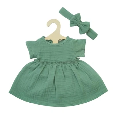 Imagen de Heless 1424 Ropa algodón 100% orgánico, Juego de 2 Piezas con Vestido y Cinta para el Pelo en Verde Salvia muñecas Peluches tamaño 28 35 cm, Color Green (1424)