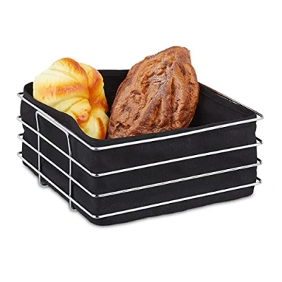 Imagen de Relaxdays Cesta Pan Metal, Forro Tela, Panadera Moderna, Cesto Panadero Acero Inoxidable, 10,5 x 23 cm, Color Negro