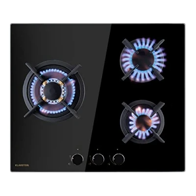 Imagen de Klarstein Cocina de Gas Butano, Placa 3 Fuegos 6200W, Vitroceramica Integrada para Cocina, Butano Diseño, Encimera Fogones con Base vidrio y Acero Inoxidable