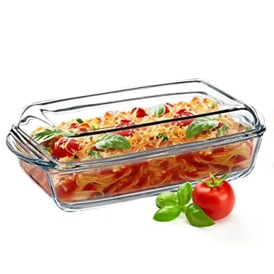Imagen de KADAX Fuente de horno, Cacerola con Tapa, Cristal para asar, Lasaña, Mangos, Bandeja Cocina Vidrio, Aptas Nevera y Congelador, transparente (Rectangular, 3.95l)