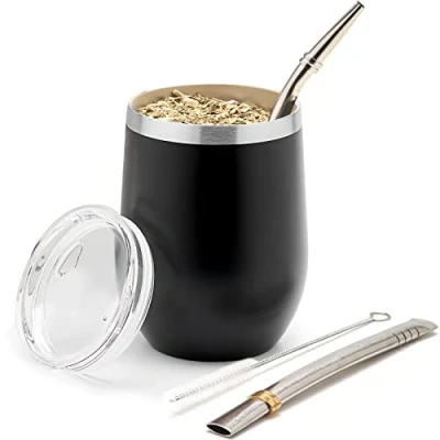 Imagen de balibetov Set Mate Argentino para Yerba Kit de Vaso Pared Doble Acero Inoxidable 18/8 Incluye Dos Bombilla y un Cepillo Limpiar la (355 ml, Negro)